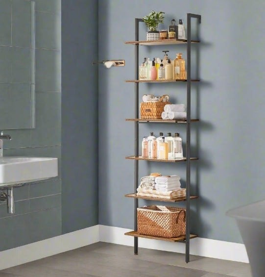 Modcraft 6-Tier Industrial Ladder Shelf, Rustic Brown & Black Tall Bookshelf for Home or Office
