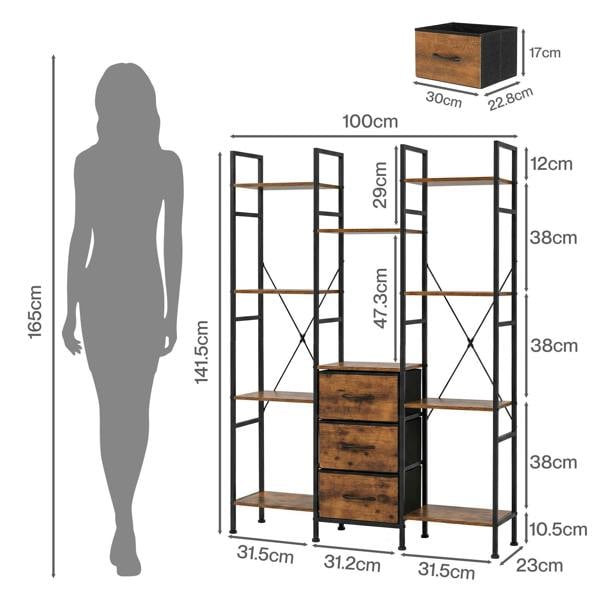 Levede Book Shelves 10 Open 3 Fabric Drawers Tall Storage Unit for Office Brown