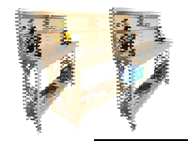 Acorn kiln-dried wooden workbench with back panel and wheels ideal for workshops and garages