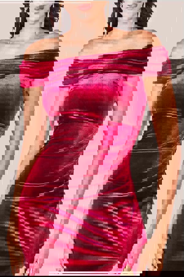 Velvet Bardot Maxi Dress With Split - Burgundy DR4076