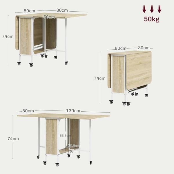 Natural wood dining table on casters, size diagram with folded and extended views