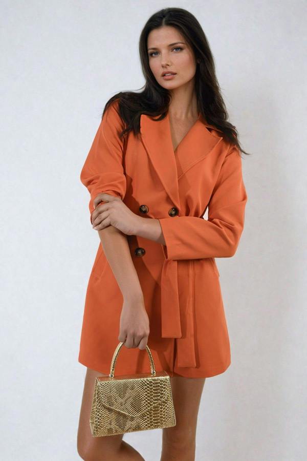 Raven Oversized Waist Tie Button Detail Blazer Jacket - Orange