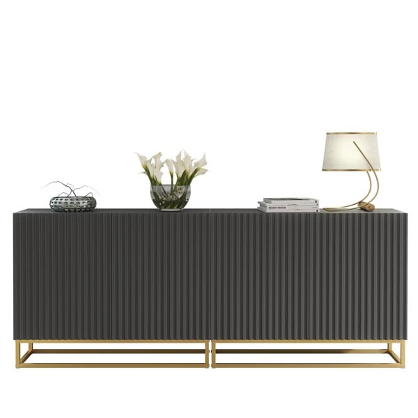 Mex Furniture Sophisticated Grey Sideboard with Fluted Fronts & Gold Legs – 200cm Storage Unit