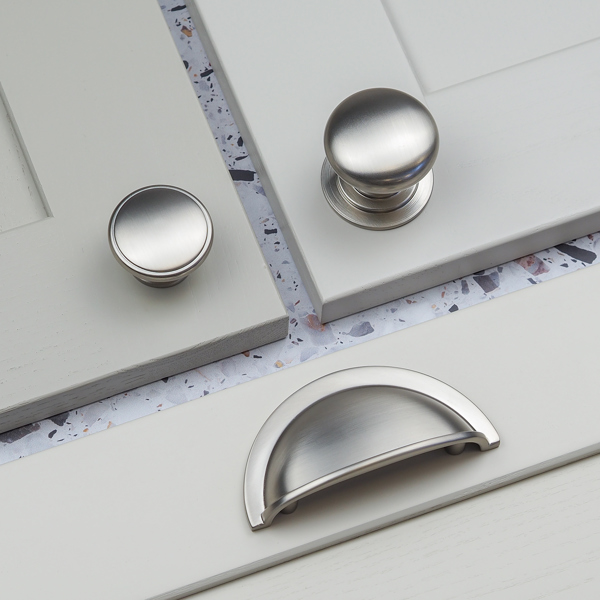 Handle & Home Brushed Nickel Cup Handle & Coordinating Round Knobs