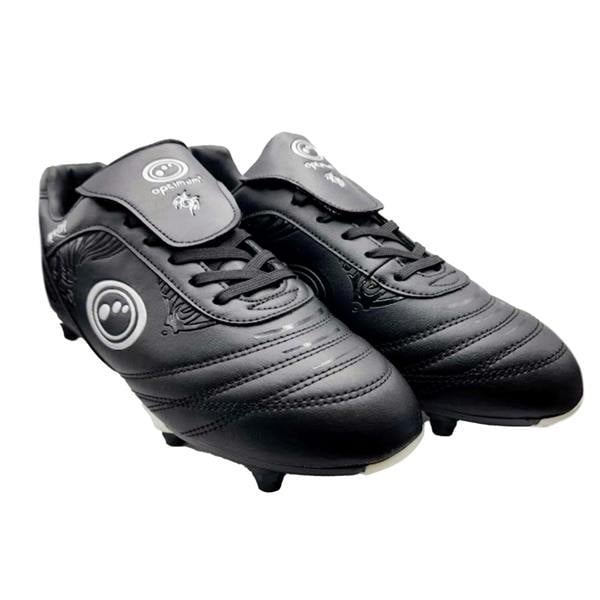 Pair of black Optimum Razor lace-up football boots with grey tongue, white logo and studded soles, on white - Optimum