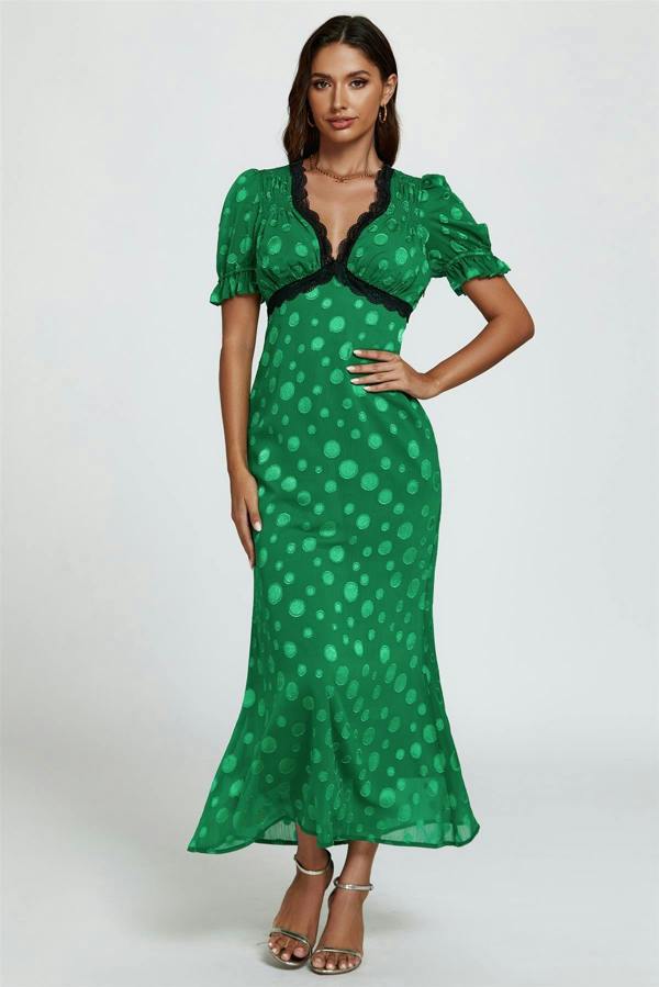 FS Collection Polka Dot Jacquard Lace Trim Midi Dress In Green
