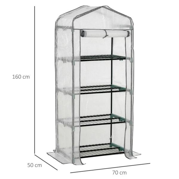Portable four-tier greenhouse with white cover, black metal shelves, and metal frame