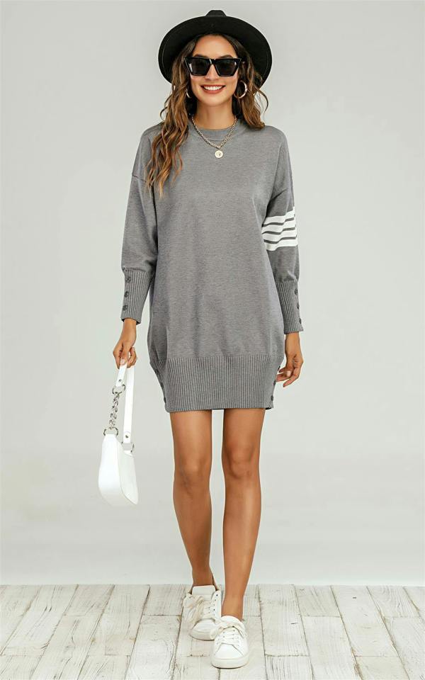 FS Collection Knitted Tunic Jumper Dress With White Stripe In Grey