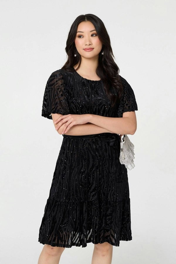 Black | Sparkly Textured Knee Length Dress