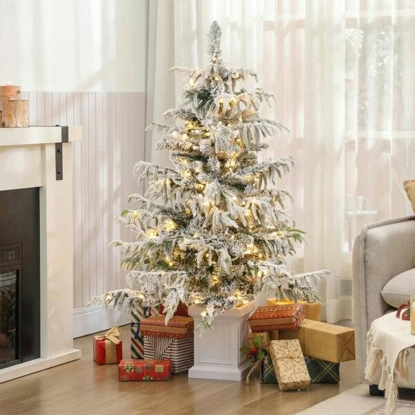 Bobobiy 4ft Prelit Flocked Christmas Tree, Artificial Snow Flocked Spruce with 160 Warm White LED Lights, 8 Modes, Green