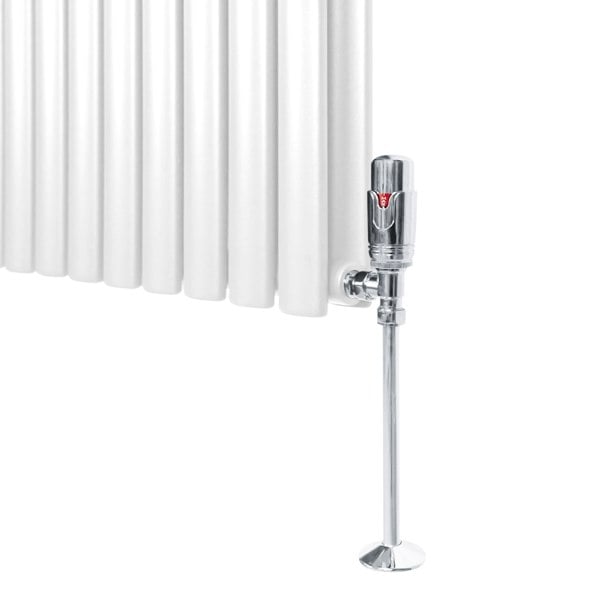 Chrome thermostatic radiator valve with a sleek design, featuring a shiny finish and a red temperature indicator, mounted on a white radiator
