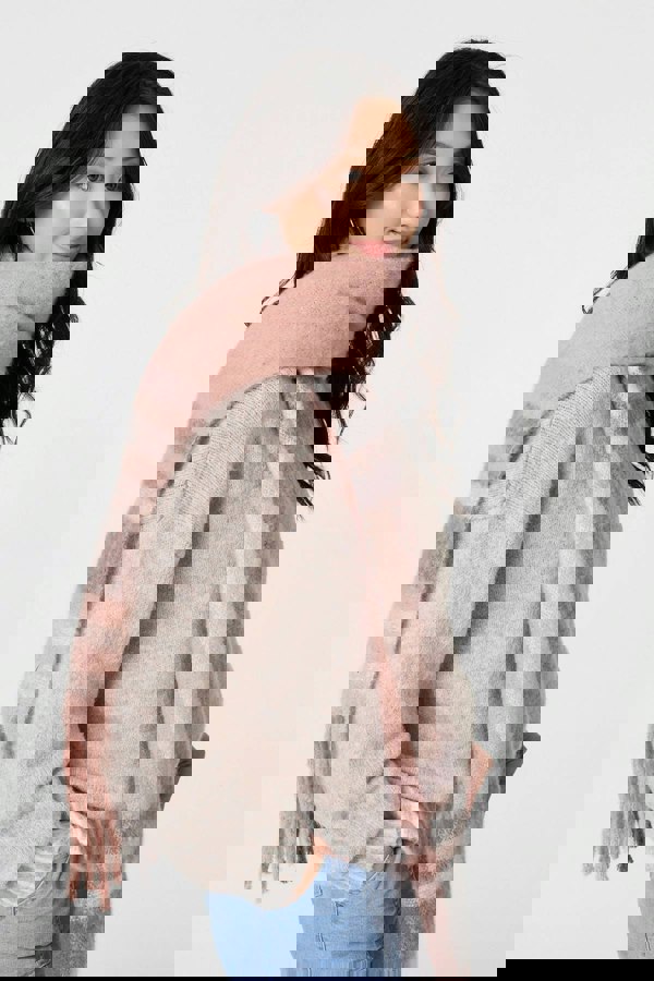 Pink | Checked Print Fringed Oversize Scarf
