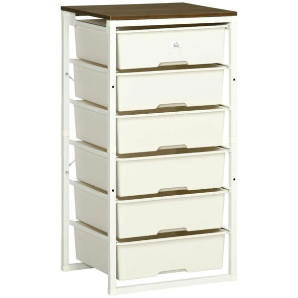 White 6-drawer tall dresser with steel frame and arched drawer pulls
