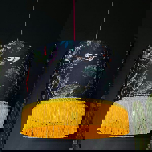 Handmade Fringed Velvet Lampshade in Carbon Black and Sunshine Yellow Fringing Light On