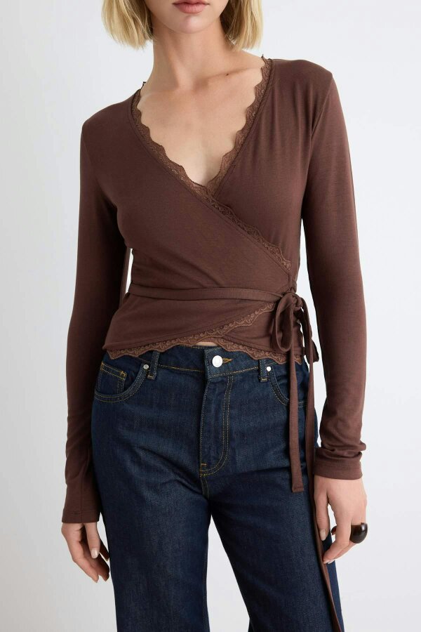WOVCOR Fitted Wrap Neckline Long Sleeve Lace Detail Crop Blouse