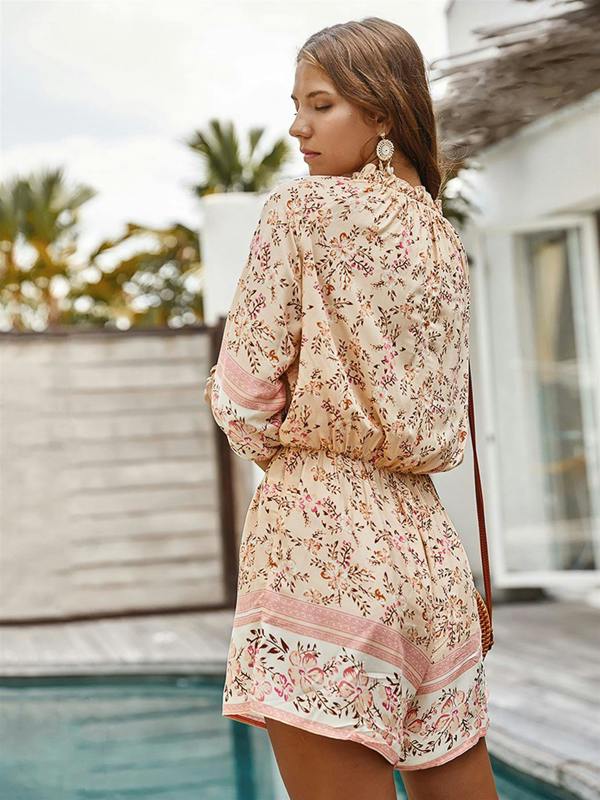 FS Collection Boho Playsuit With Buttons In Cream & Peach Floral Print