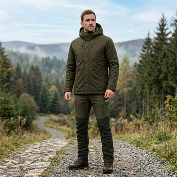 Man wearing Game Mens Kendal Waterproof Jacket walking on a countryside trail in wet outdoor conditions