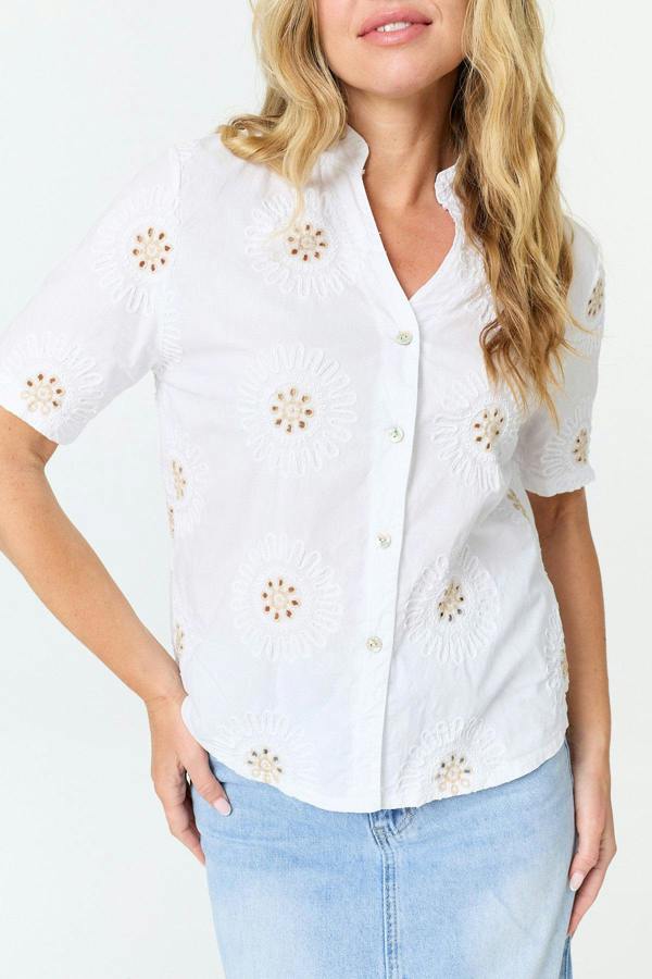 White | Embroidered Texture V-Neck Blouse
