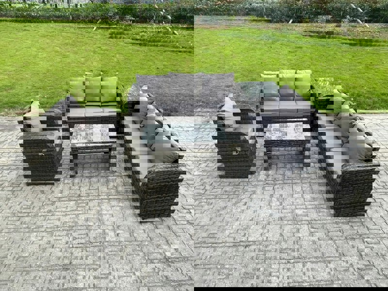 Fimous 7 Seater Wicker PE Rattan Sofa Set Outdoor Patio Garden Furniture Set with Side Table Reclining Chairs Coffee Table Dark Grey Mixed