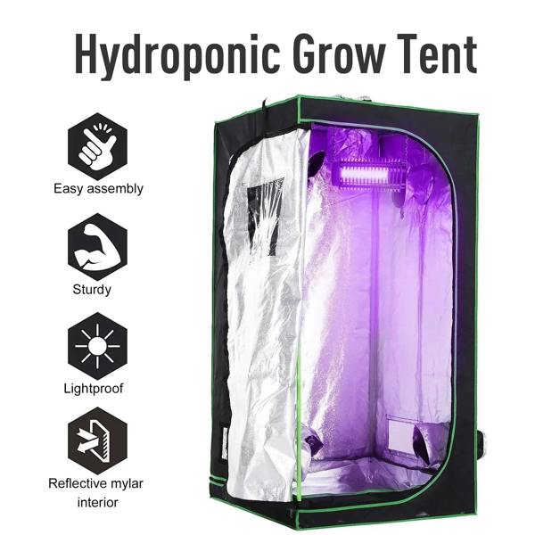 Grow tent with reflective mylar interior, green trim, and zip-access side door