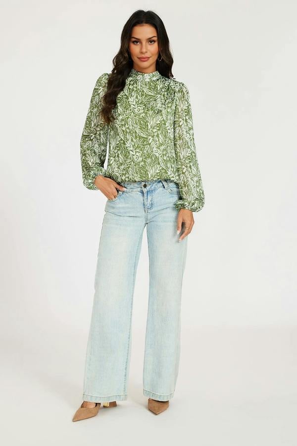 FS Collection Silver Thread Leaf Print Long Sleeve Blouse Top In Green