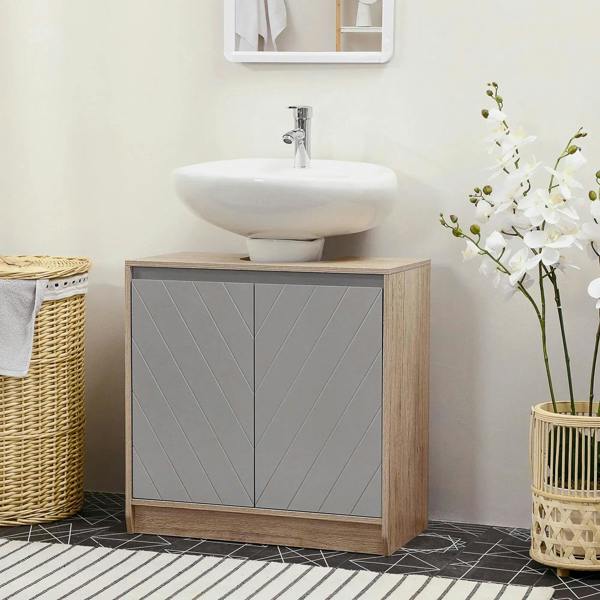 Bathroom storage cabinet with two grey doors, oak sides, and decorative panel design