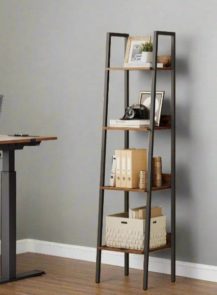 Rustic brown 4-tier industrial ladder shelf with black steel frame for books and decor

