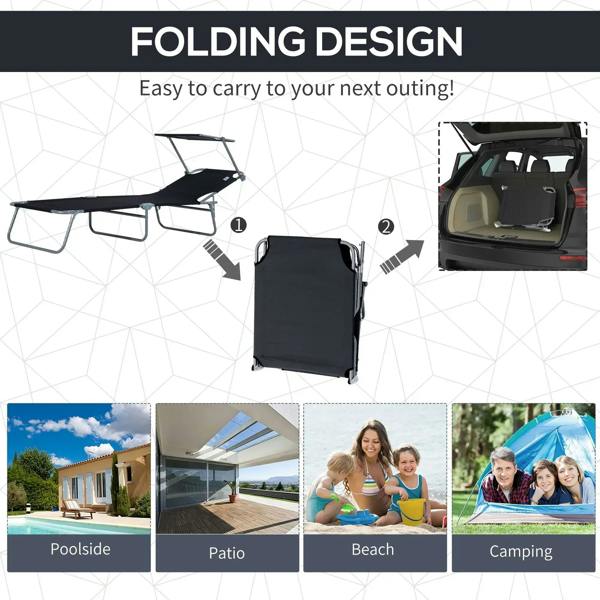 Black foldable sun lounger chair, shown packed and unfolded for transport