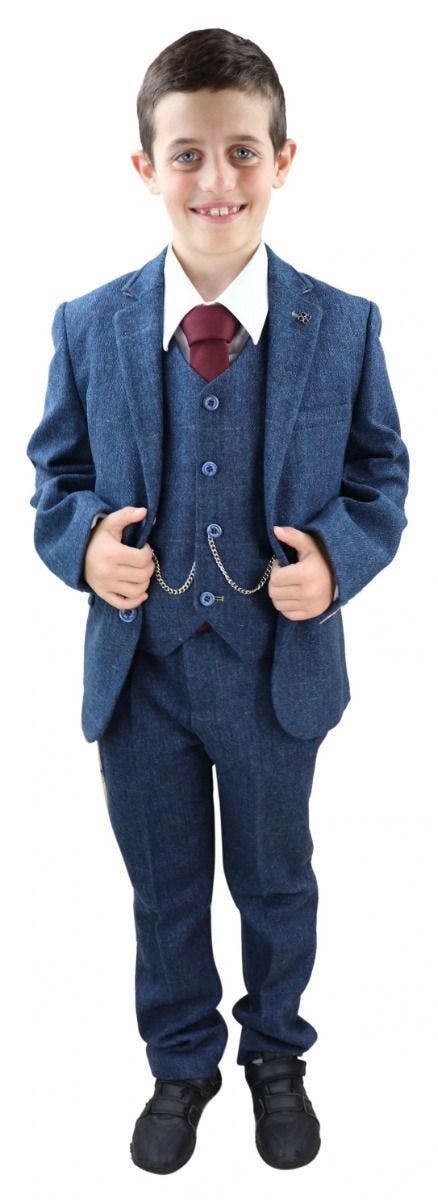 House of Cavani Boys 3 Piece Blue  Herringbone Tweed Check Classic  Suit
