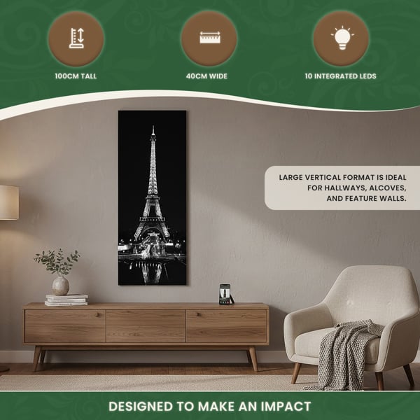 Large Eiffel Tower at Night Canvas Picture Print in Black & White with 10 LED Lights, Battery Powered