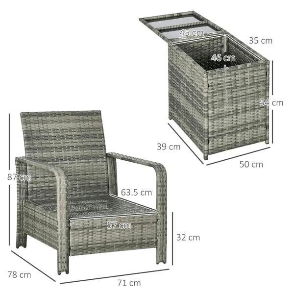 Gray resin wicker bistro chair and storage coffee table set, shown with size measurements