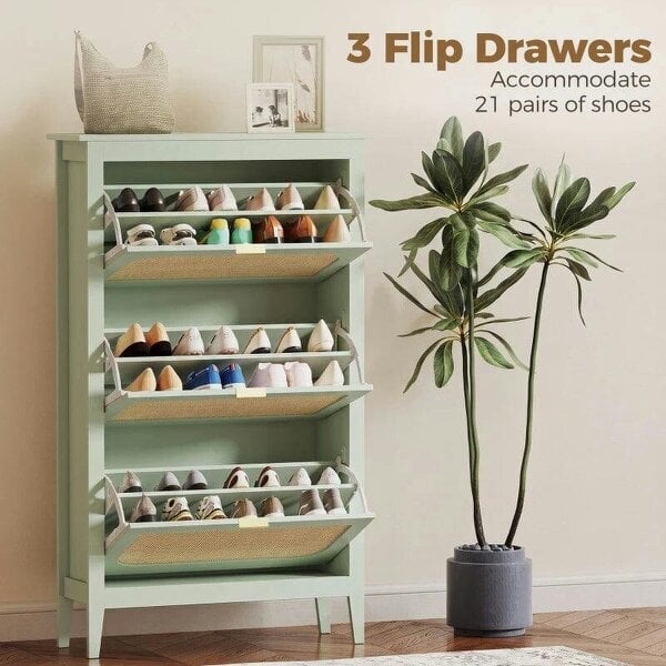 Bobobiy Narrow Shoe Cabinet, Boho Slim Shoe Storage Cabinet with 3 Flip Drawers, Holds 21 Pairs, Light Green