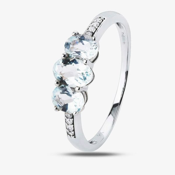 T. H. Baker 9ct White Gold Aquamarine Diamond-Shouldered Trilogy Ring BSR10633-AQ