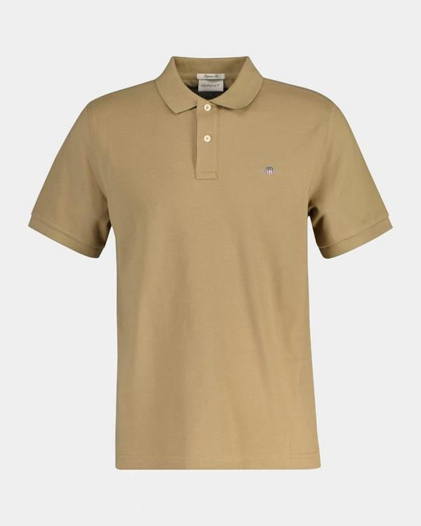GANT Mens Regular Fit Short Sleeve Shield Logo Pique Polo - 264 Light Taupe | CHO | Designer Mens Short Sleeve Polo Shirts