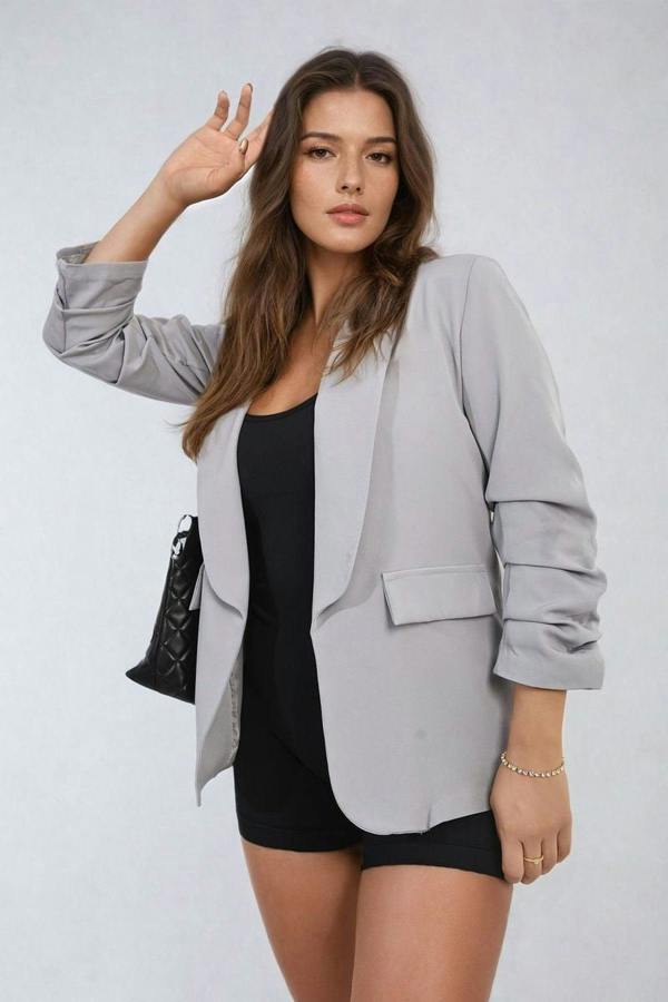 Valerie Ruched Sleeve Open Front Blazer Jacket With Front Pockets - Grey