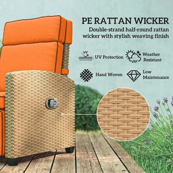 145° Reclining Rattan Armchair, with Footrest - Khaki/Orange