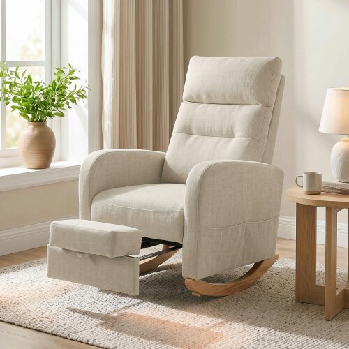 HOMCOM Upholstered Rocking Chair with Retractable Footrest, High Back Cream White