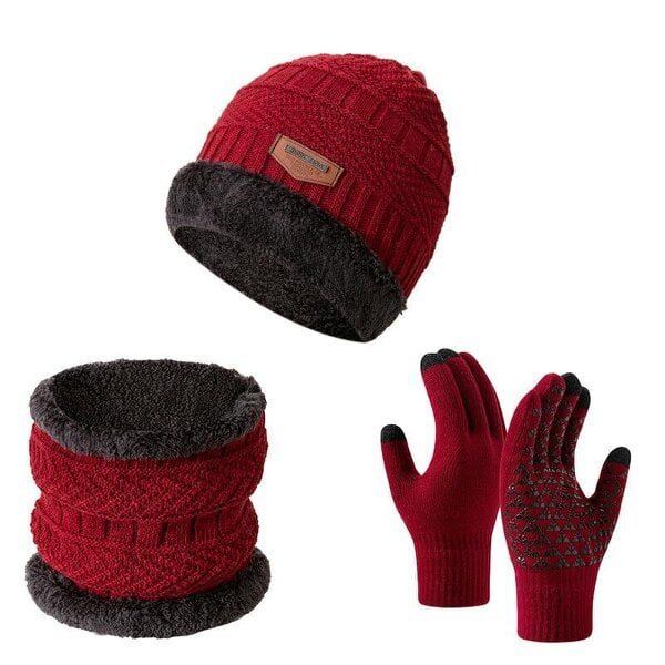 Obasyhig Fleece-Lined Knitted Winter 3-Piece Set - Red - Style 1