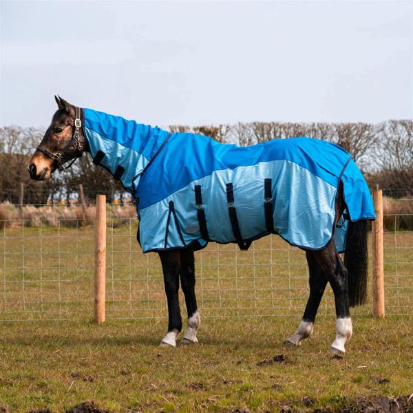 eQuitack 600D 2 in 1 Waterproof Fly Turnout Mesh Horse Rug Fixed Neck Blue/Light Blue 5'6''
