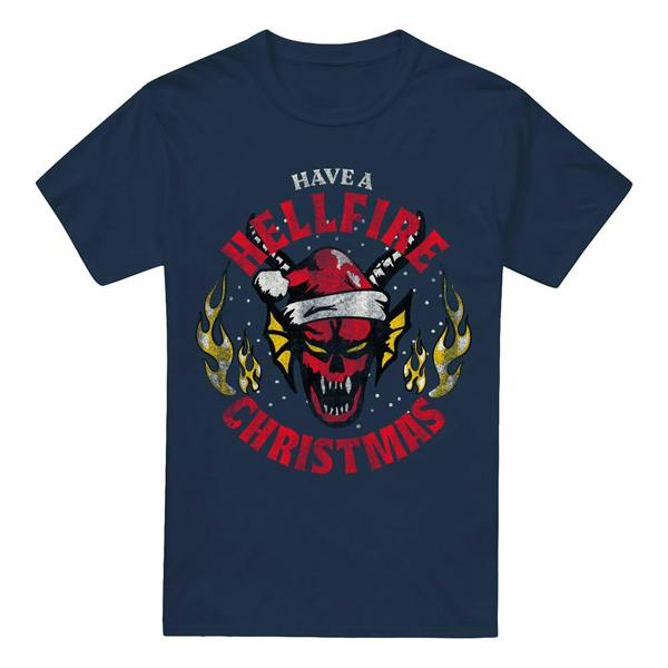 Stranger Things Mens Hellfire Christmas T-Shirt - Navy