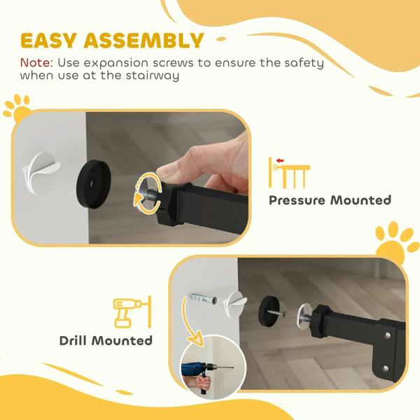 Black safety gate installation diagram with drill-mount and pressure-mount icons