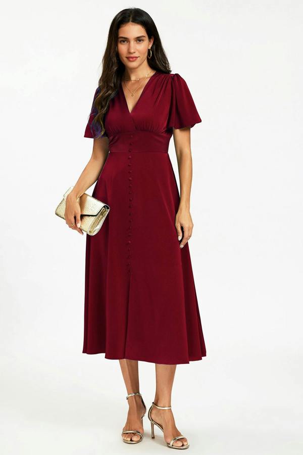 FS Collection Satin V neckline Button Detail Dress In Wine