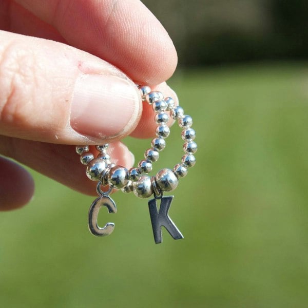 Letter Initial Charm on Silver Ball Bead Ring - MYLEE London
