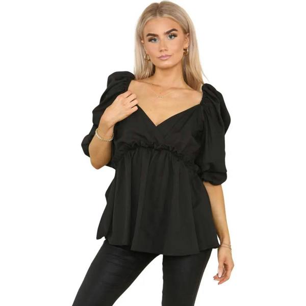 Elaina Fashion Women's Black Sweetheart Neck Ruffle Hem Peplum Blouse