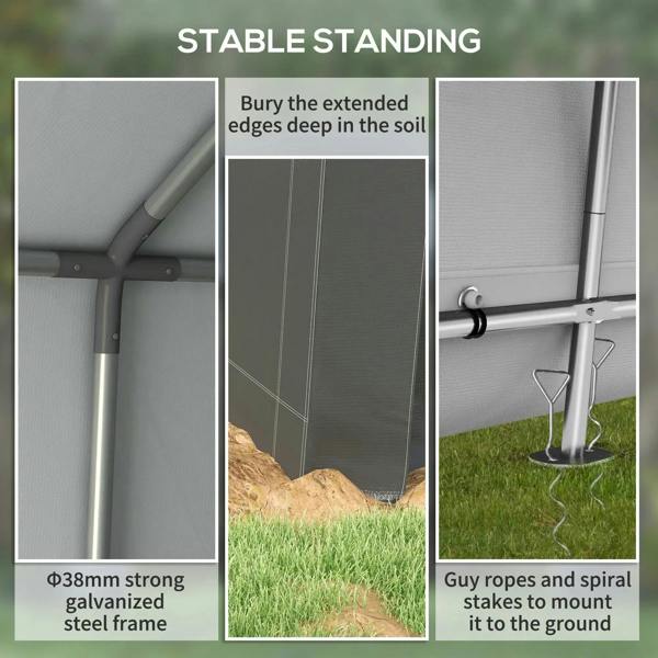 Dark grey storage shed tent with galvanized steel frame poles and ground-anchoring ropes