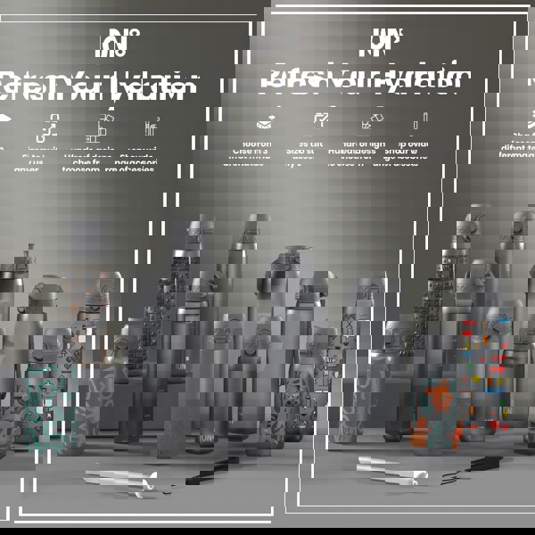 Several ION8 water bottles, varying in size and design, are displayed on a grey surface. Choose from 3 different materials. Sizes to suit any user. Hundreds of designs to choose from. Shop our wide range of accessories.