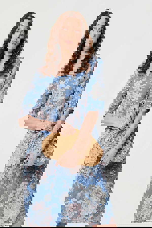 Blue | Floral 3/4 Sleeve Relaxed Short Dress
