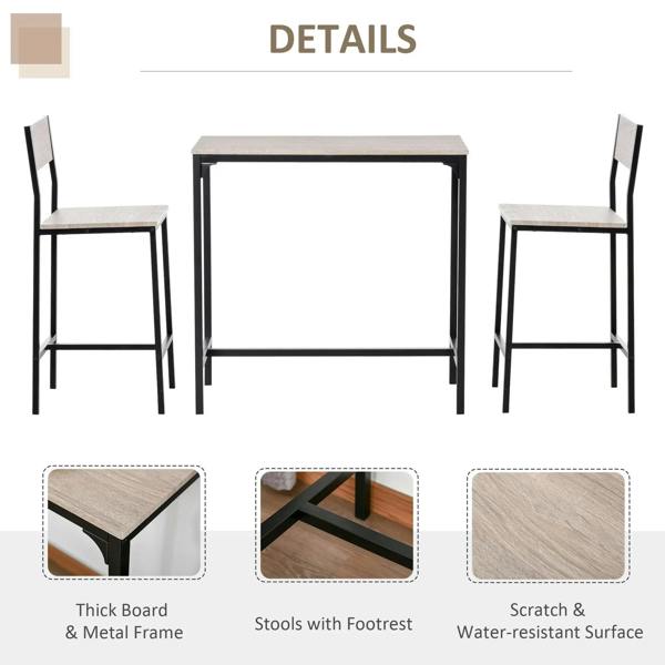 Bar-height table with two matching stools, thick tabletop and dark metal legs