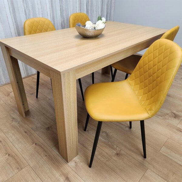 Kosy Koala Dining Table and 4 Chairs Oak Effect Table with 4 Mustard Gem Patterned Chairs