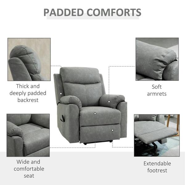 Grey recliner chair with thick padded backrest, soft armrests, and wide seat